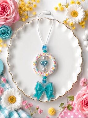 Handmade Turquoise Bow & Heart Hanging Car Charm with Confetti Ring